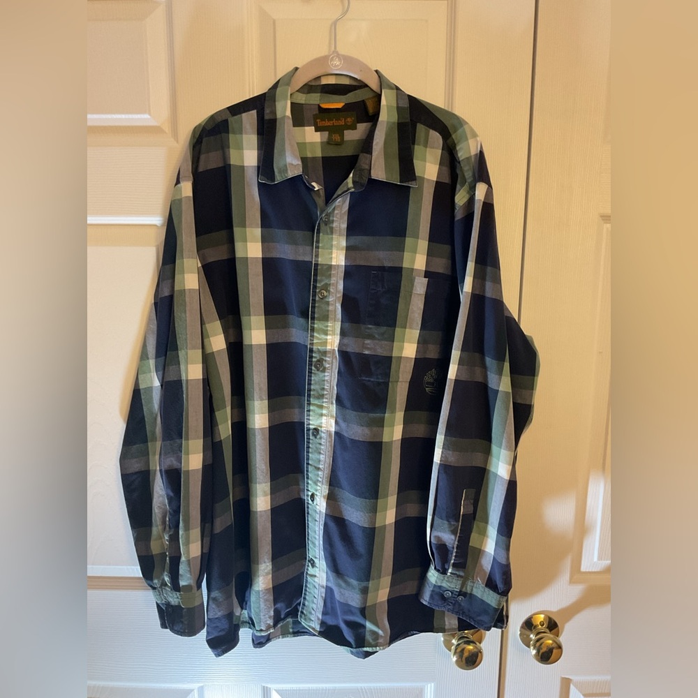 Timberland Men's Navy and Green Plaid Long Sleeve Shirt - Picture 2 of 7